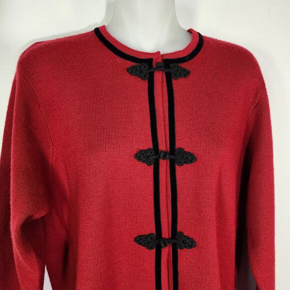 Talbots Cardigan Sweater Medium Red Black Velvet Trim Snap Toggle Merino Wool - Picture 3 of 9